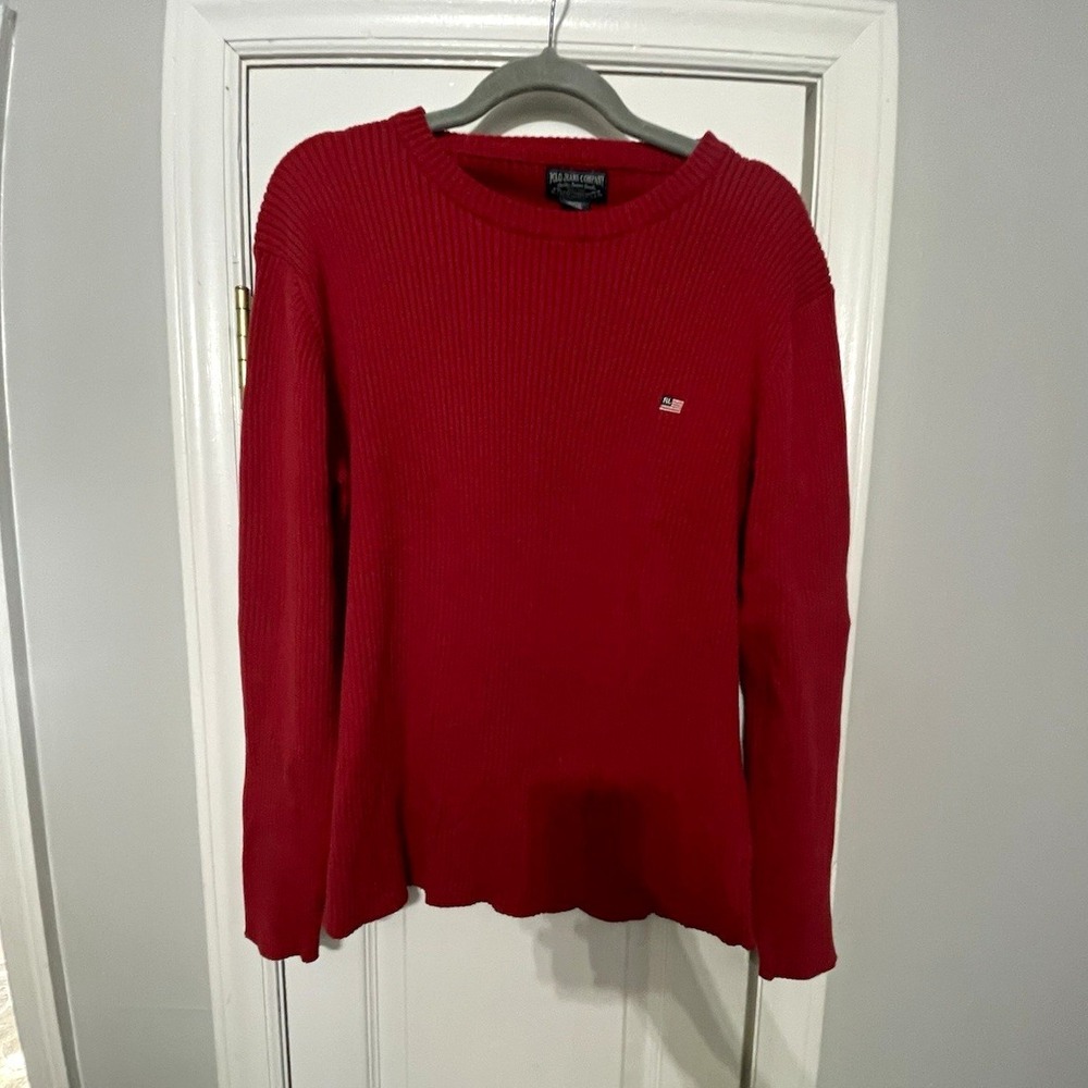 Vintage Polo Jeans Co Mens Medium Red Rib-Knit Crewneck Pullover Sweater Cotton